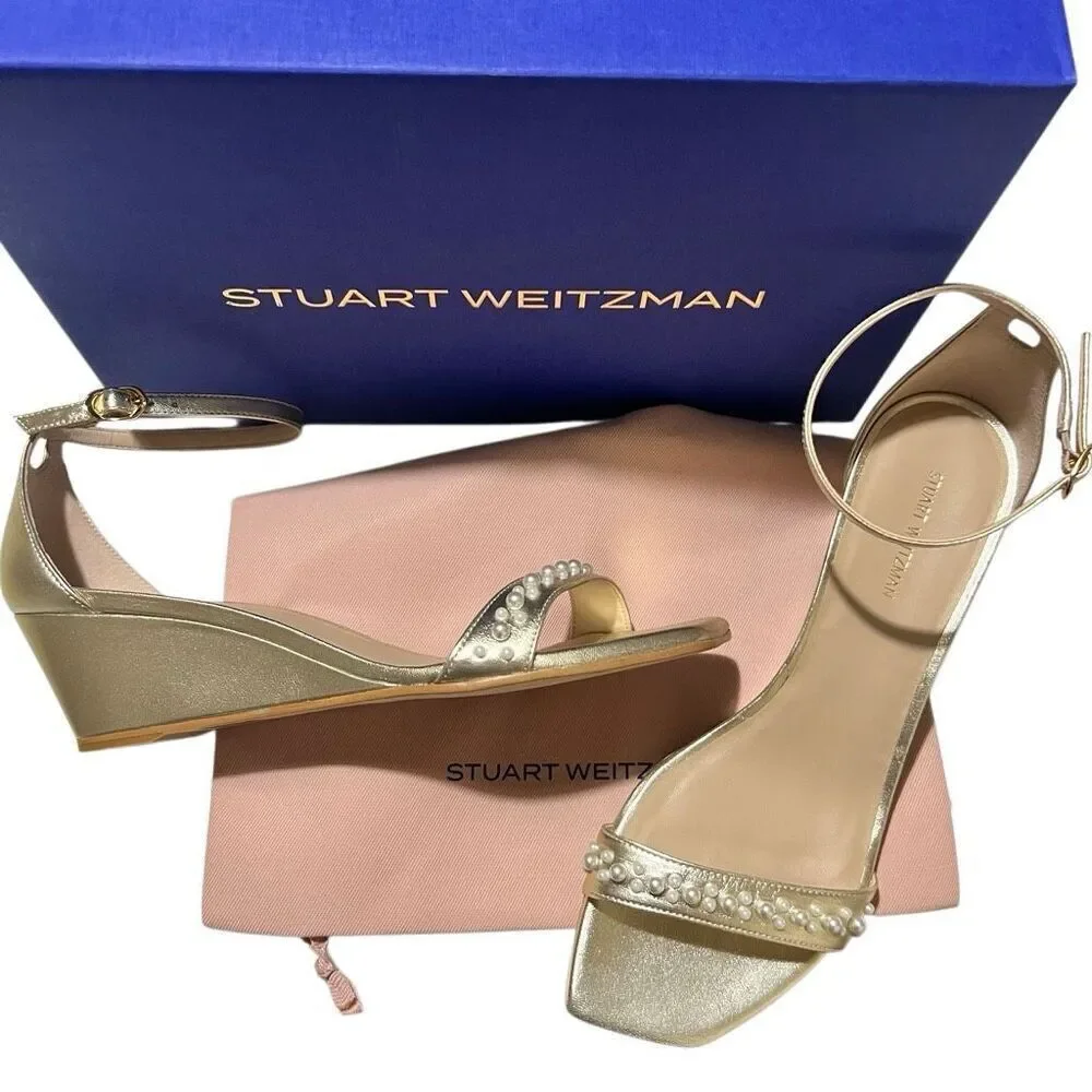 New Stuart Weitzman Pearl Leather Wedge ankle strap square toe sandal 8